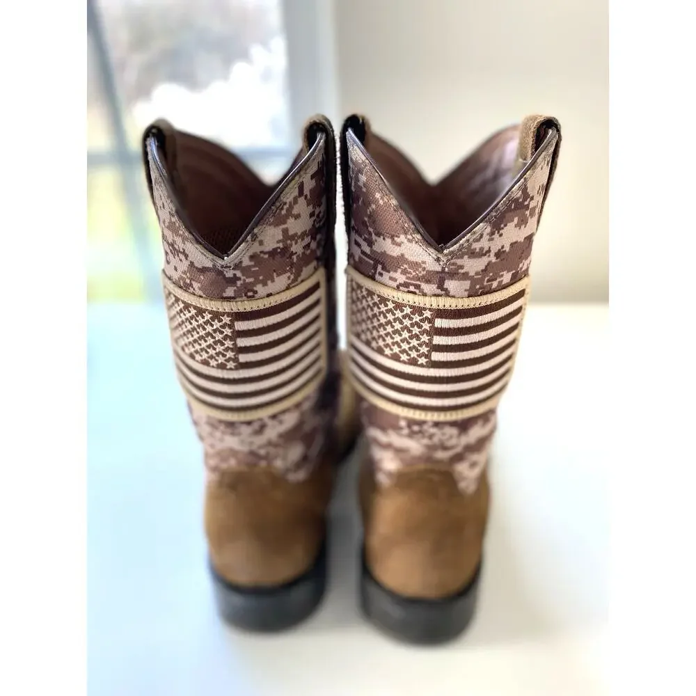 Ariat Men's Sport Patriot Mocha Suede & Sand Camo American Flag Western Boots 8D